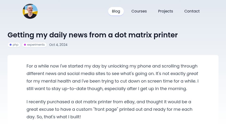 Screenshot of aschmelyun.com: Getting my daily news from a dot matrix printer 2024