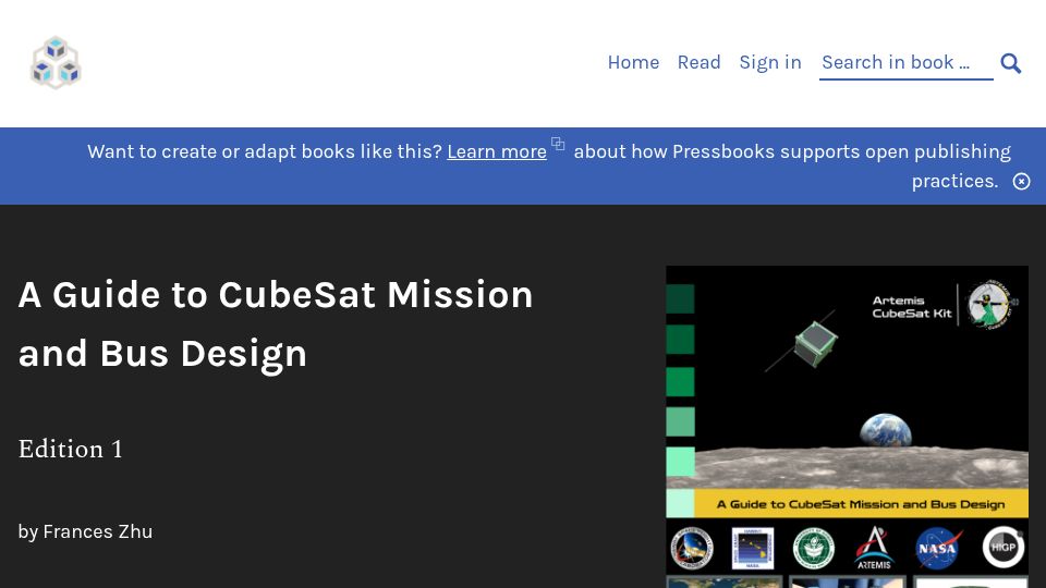 Screenshot of pressbooks-dev.oer.hawaii.edu: A Guide to CubeSat Mission and Bus Design