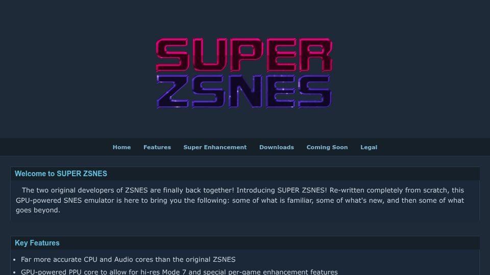 Screenshot of zsnes.com: Super ZSNES – GPU Powered SNES Emulator