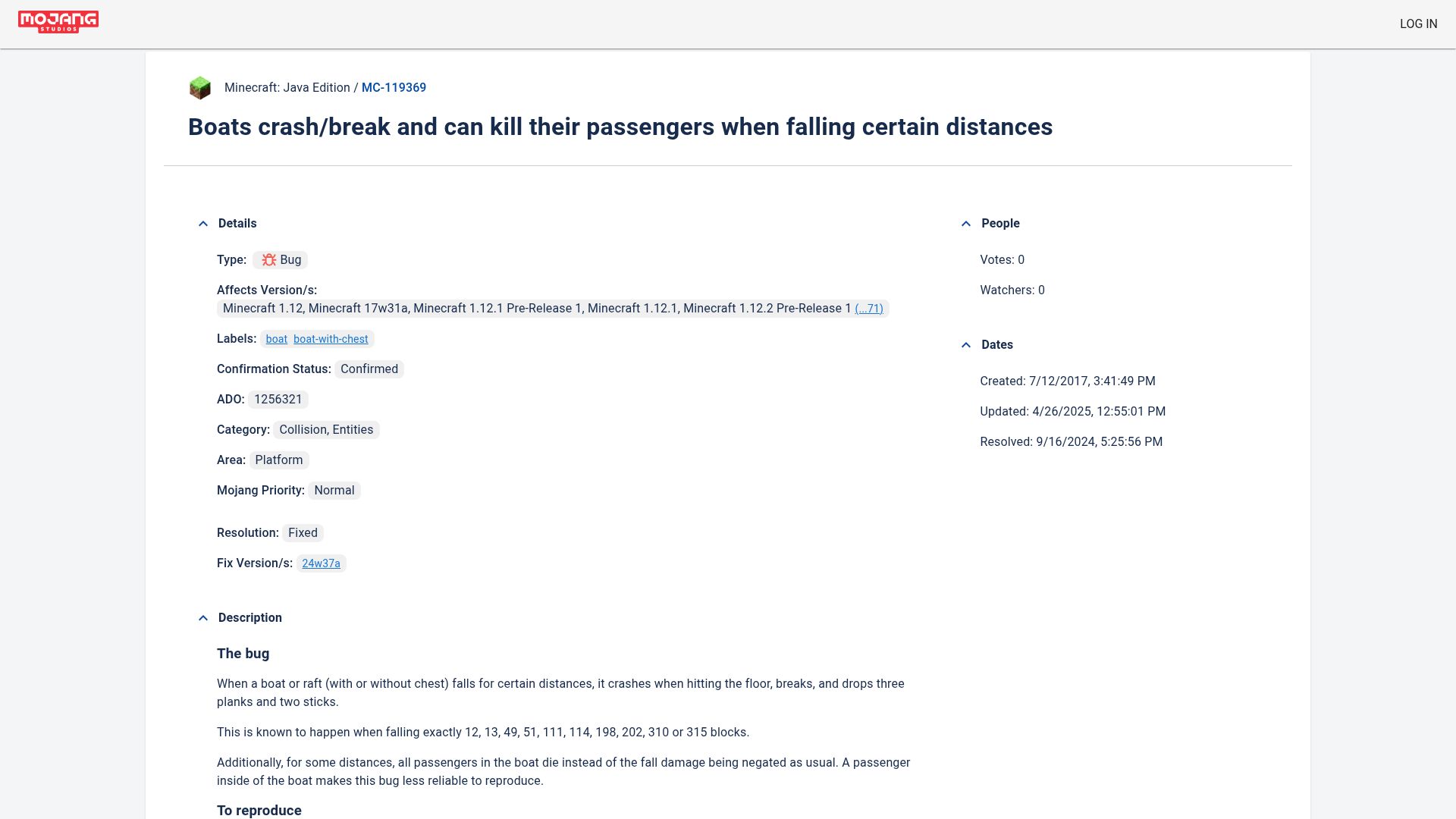 Screenshot of bugs.mojang.com: Boats crash/break and can kill their passengers when falling certain distances