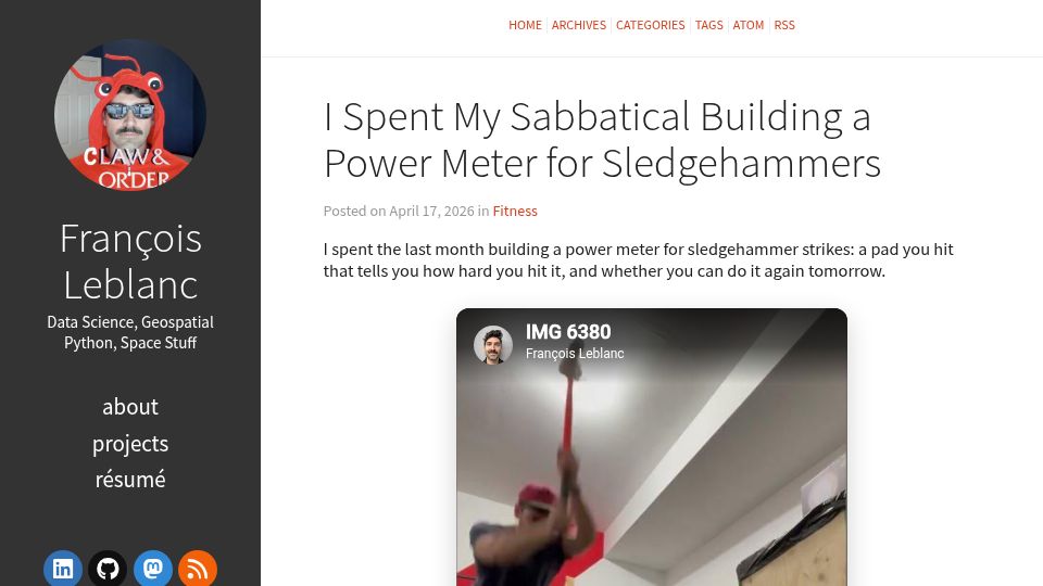 Screenshot of leblancfg.com: I Spent My Sabbatical Building a Power Meter for Sledgehammers