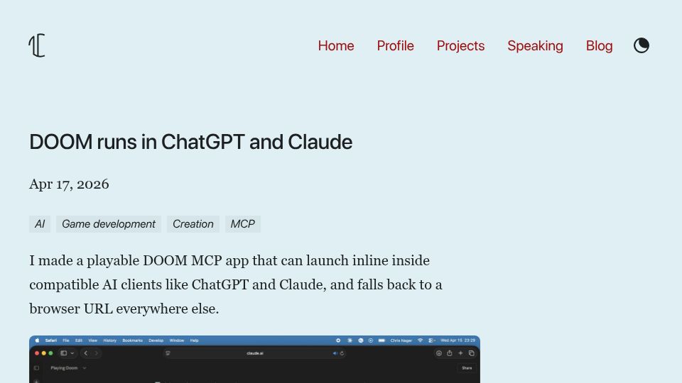 Screenshot of chrisnager.com: A playable DOOM MCP app