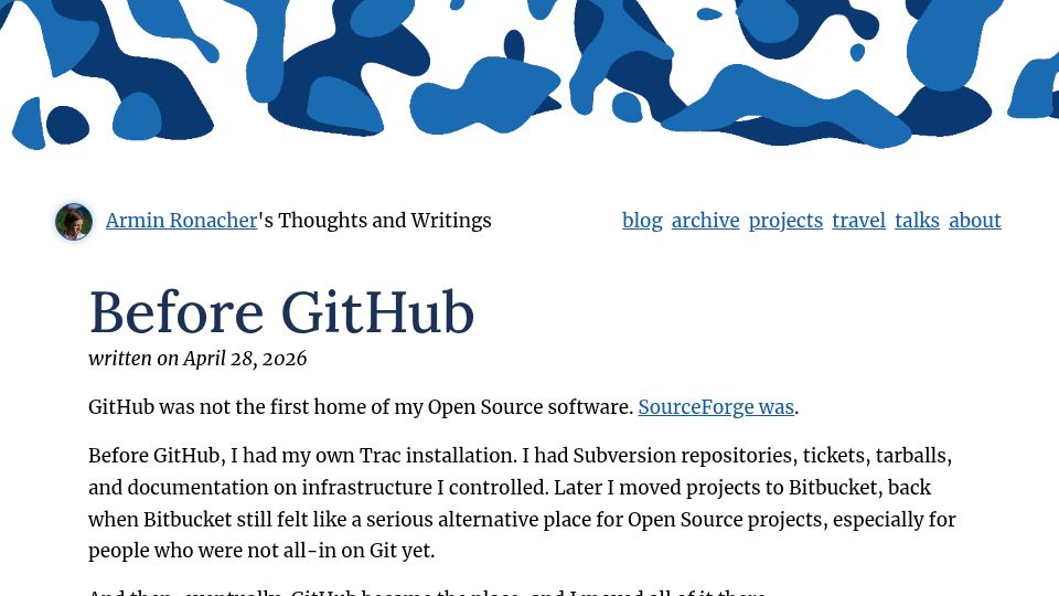 Screenshot of lucumr.pocoo.org: Before GitHub