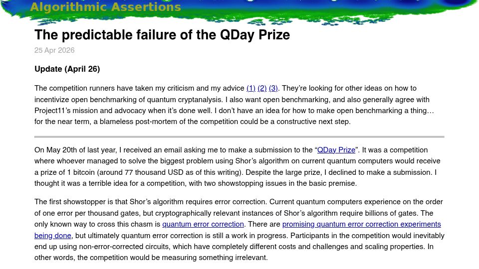Screenshot of algassert.com: The predictable failure of the QDay Prize