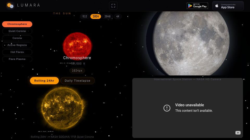 Screenshot of lumara-space.app: Show HN: Live Sun and Moon Dashboard with NASA Footage