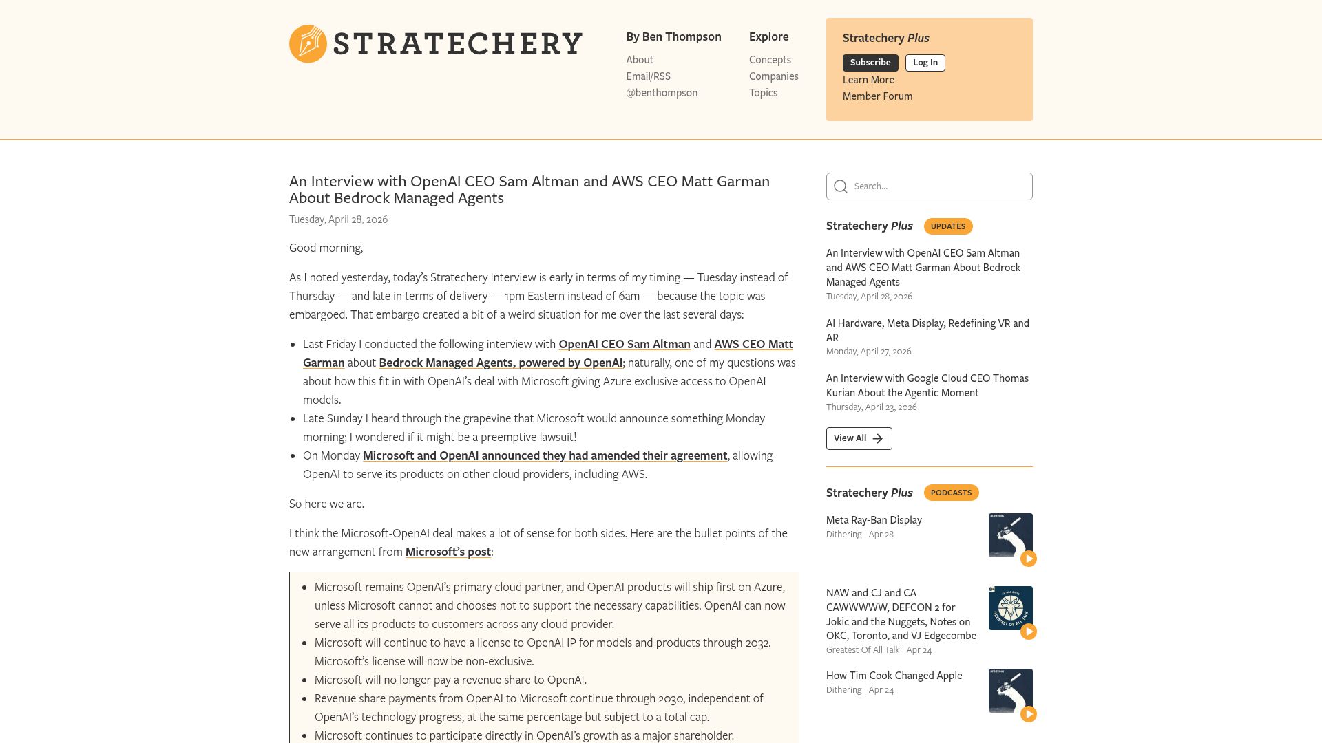Screenshot of stratechery.com: OpenAI models coming to Amazon Bedrock: Interview with OpenAI and AWS CEOs