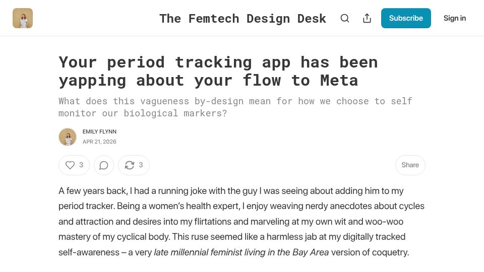 Screenshot of femtechdesigndesk.substack.com: Period tracking app has been selling data to Meta