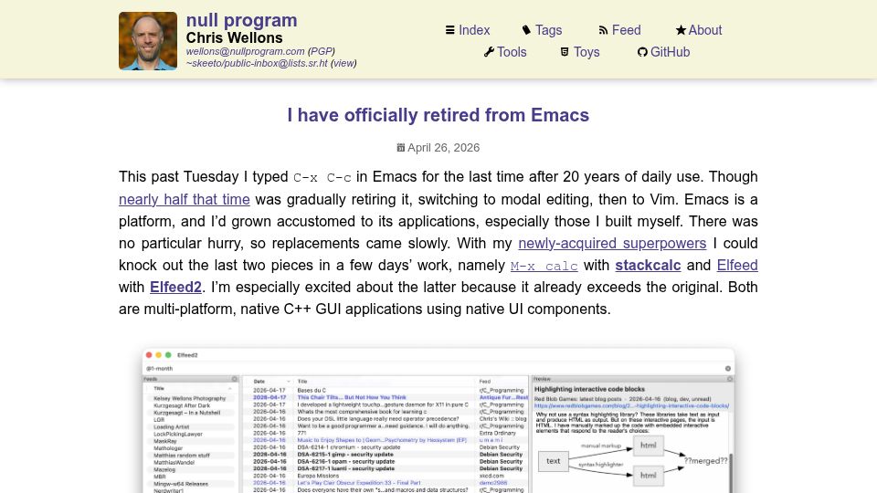 Screenshot of nullprogram.com: I have officially retired from Emacs