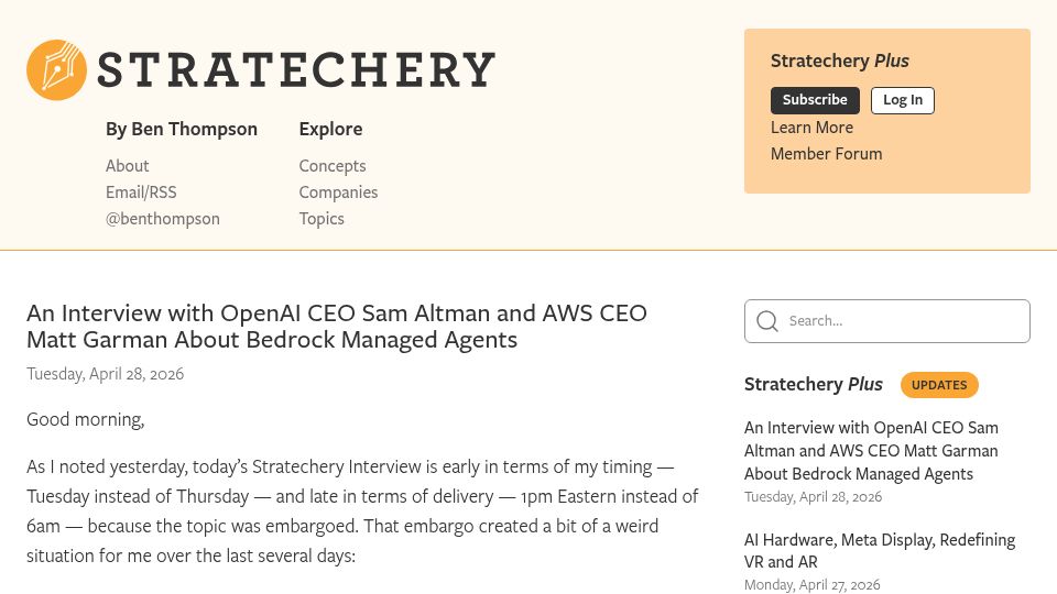 Screenshot of stratechery.com: OpenAI models coming to Amazon Bedrock: Interview with OpenAI and AWS CEOs