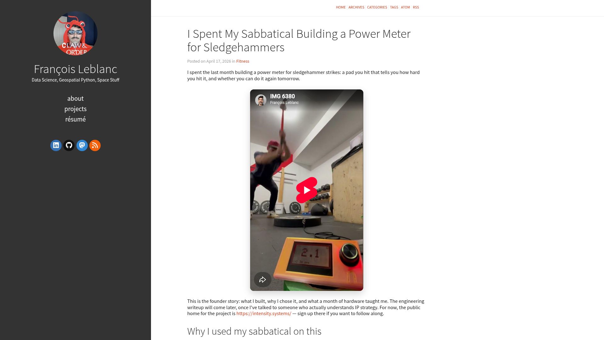 Screenshot of leblancfg.com: I Spent My Sabbatical Building a Power Meter for Sledgehammers