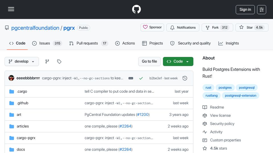 Screenshot of github.com: Pgrx: Build Postgres Extensions with Rust