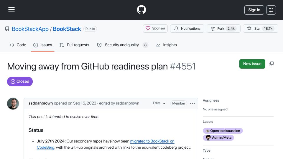 Screenshot of github.com: BookStack Moves from GitHub to Codeberg