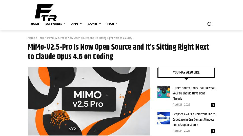 Screenshot of firethering.com: Xiaomi releases MiMo-v2.5 Family weights with strong coding and agent benchmarks