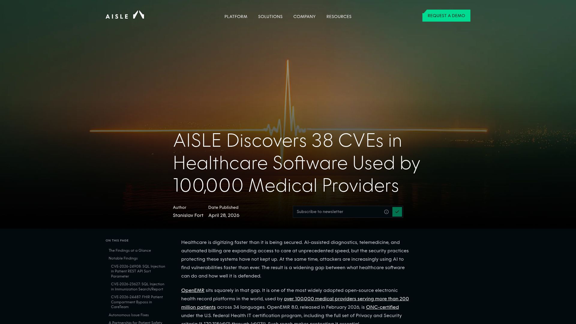 Screenshot of aisle.com: AISLE Discovers 38 CVEs in OpenEMR Healthcare Software