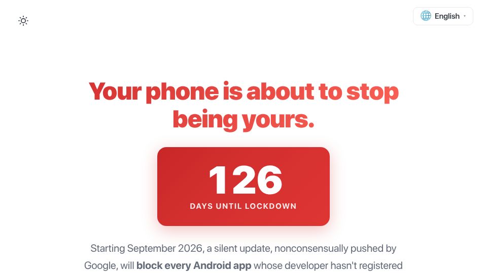 Screenshot of keepandroidopen.org: Your phone is about to stop being yours
