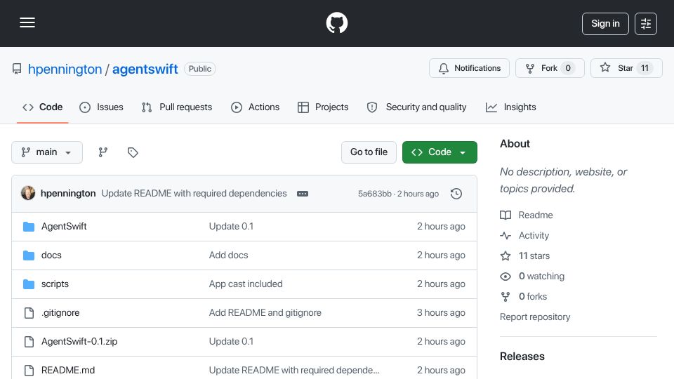 Screenshot of github.com: Show HN: AgentSwift – Open-source iOS builder agent
