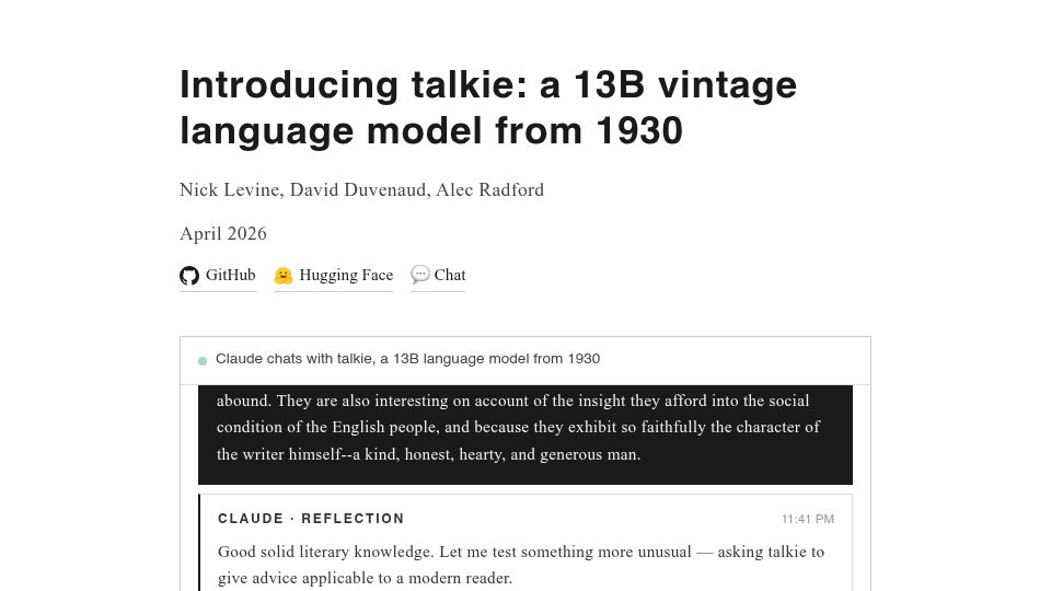Screenshot of talkie-lm.com: Talkie: a 13B vintage language model from 1930