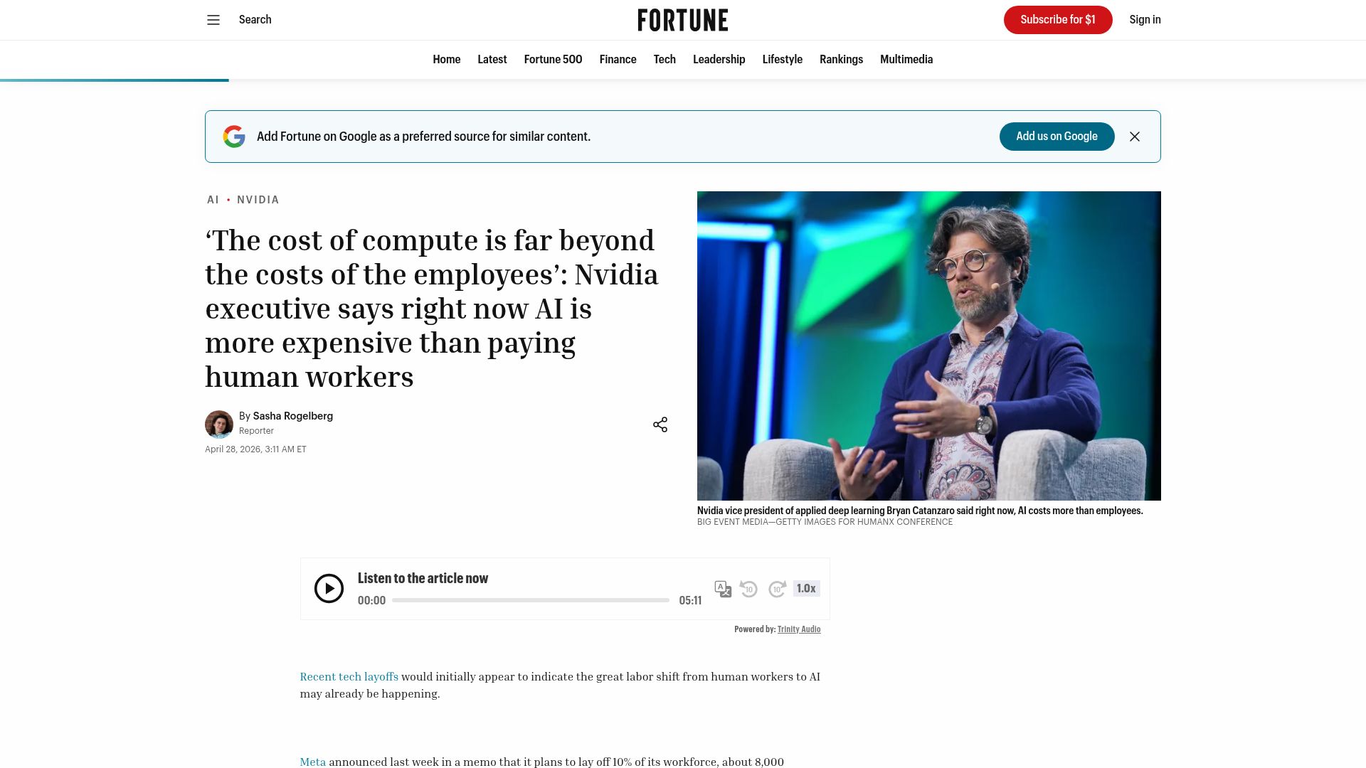 Screenshot of fortune.com: Nvidia executive says AI is more expensive than human workers