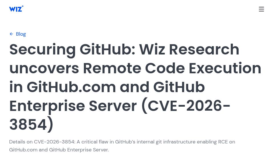 Screenshot of wiz.io: GitHub RCE Vulnerability: CVE-2026-3854 Breakdown