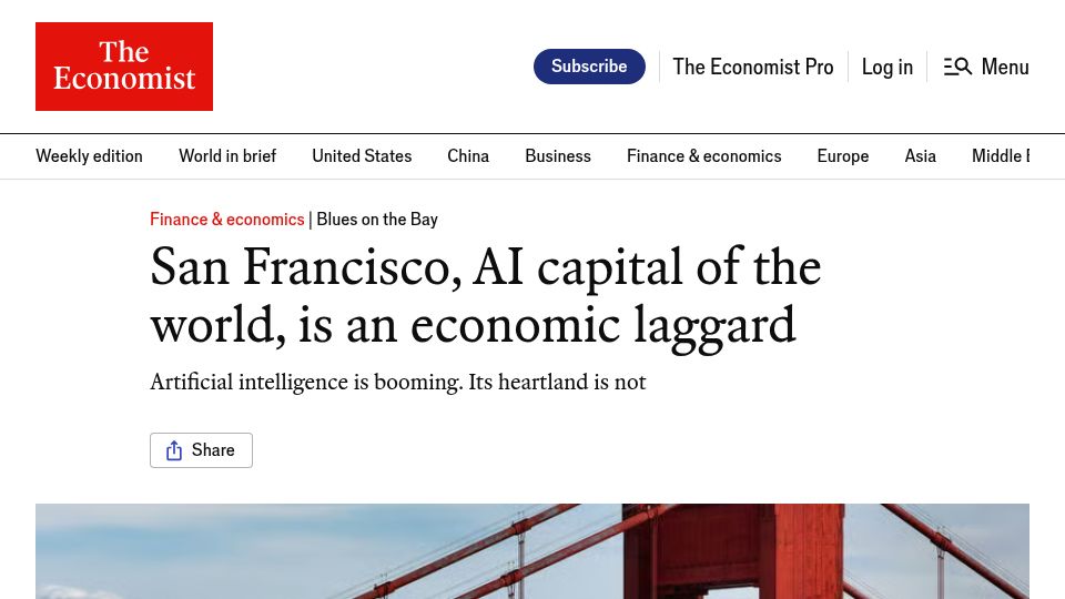 Screenshot of economist.com: San Francisco, AI capital of the world, is an economic laggard
