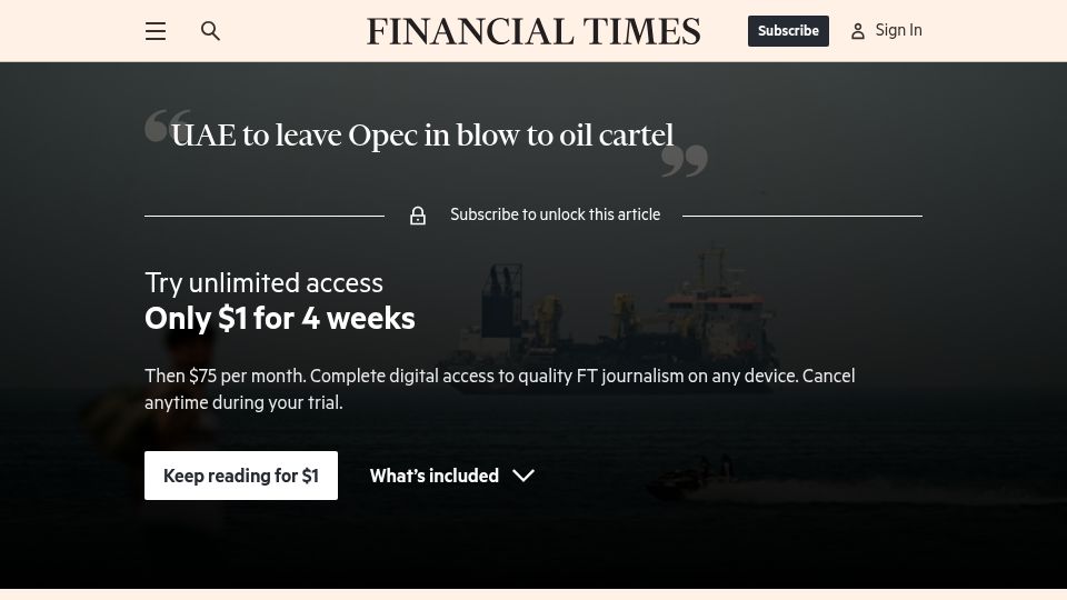 Screenshot of ft.com: UAE to leave OPEC
