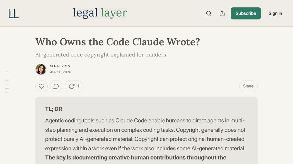 Screenshot of legallayer.substack.com: Who owns the code Claude Code wrote?