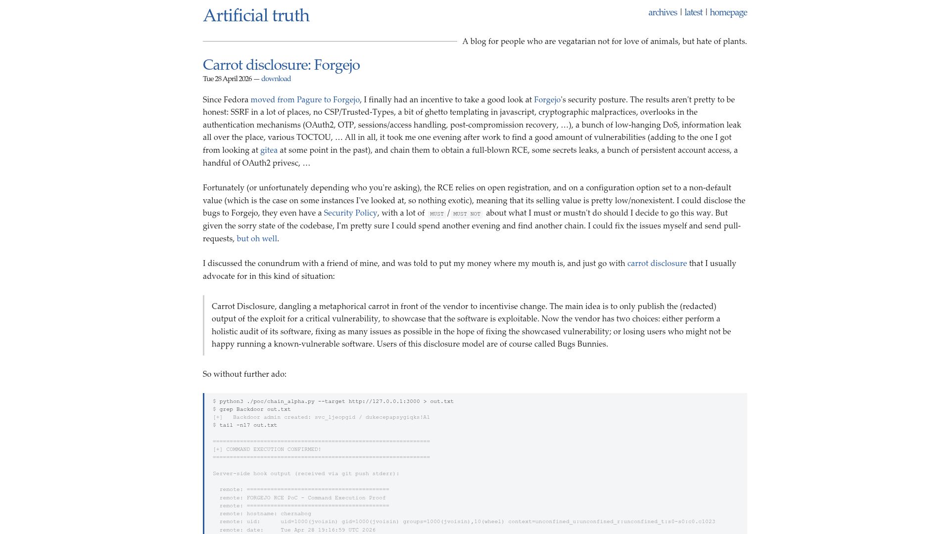Screenshot of dustri.org: Carrot Disclosure: Forgejo