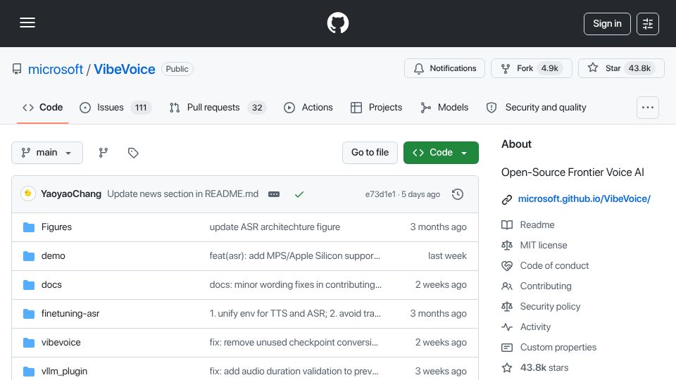 Screenshot of github.com: VibeVoice: Open-source frontier voice AI