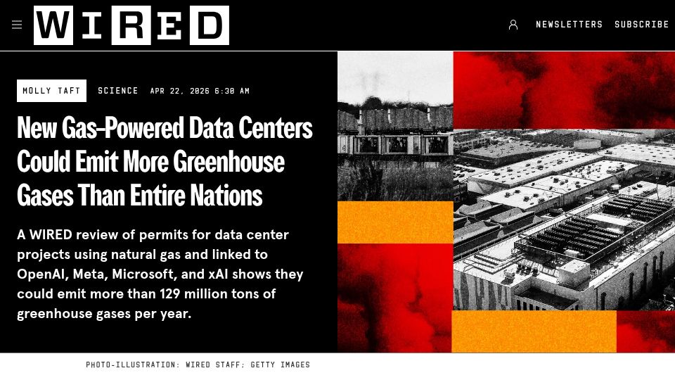 Screenshot of wired.com: New Gas-Powered Data Centers Could Emit More Greenhouse Gases Than Whole Nations