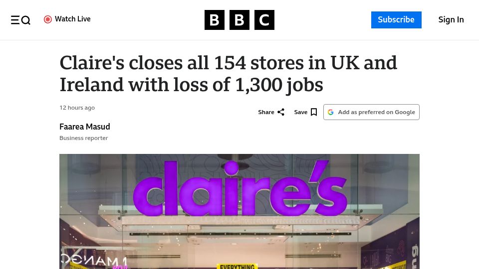 Screenshot of bbc.com: Claire's closes all 154 stores in UK and Ireland with loss of 1,300 jobs