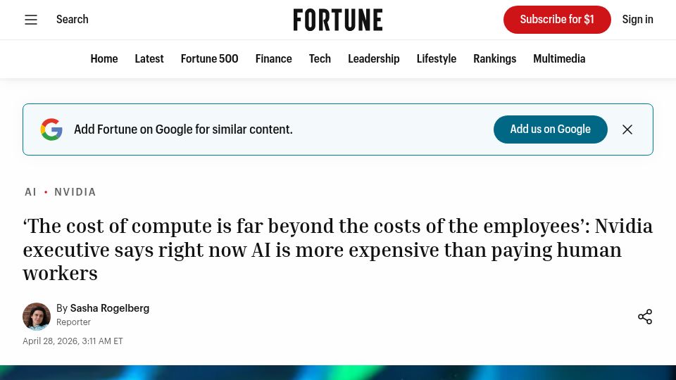 Screenshot of fortune.com: Nvidia executive says AI is more expensive than human workers