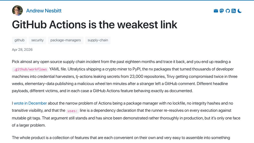 Screenshot of nesbitt.io: GitHub Actions is the weakest link