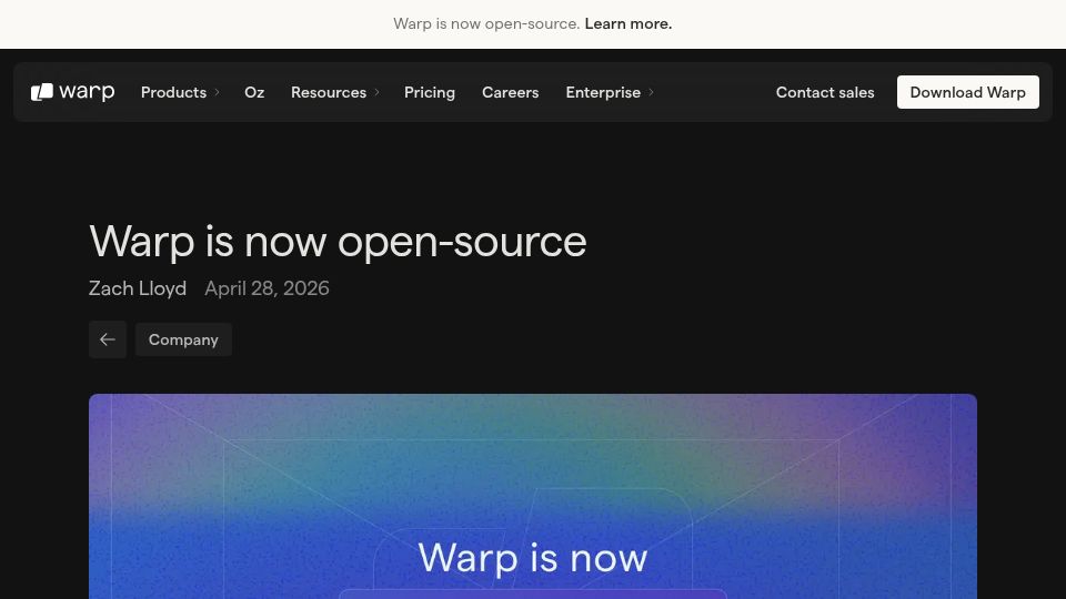 Screenshot of warp.dev: Warp is now open-source