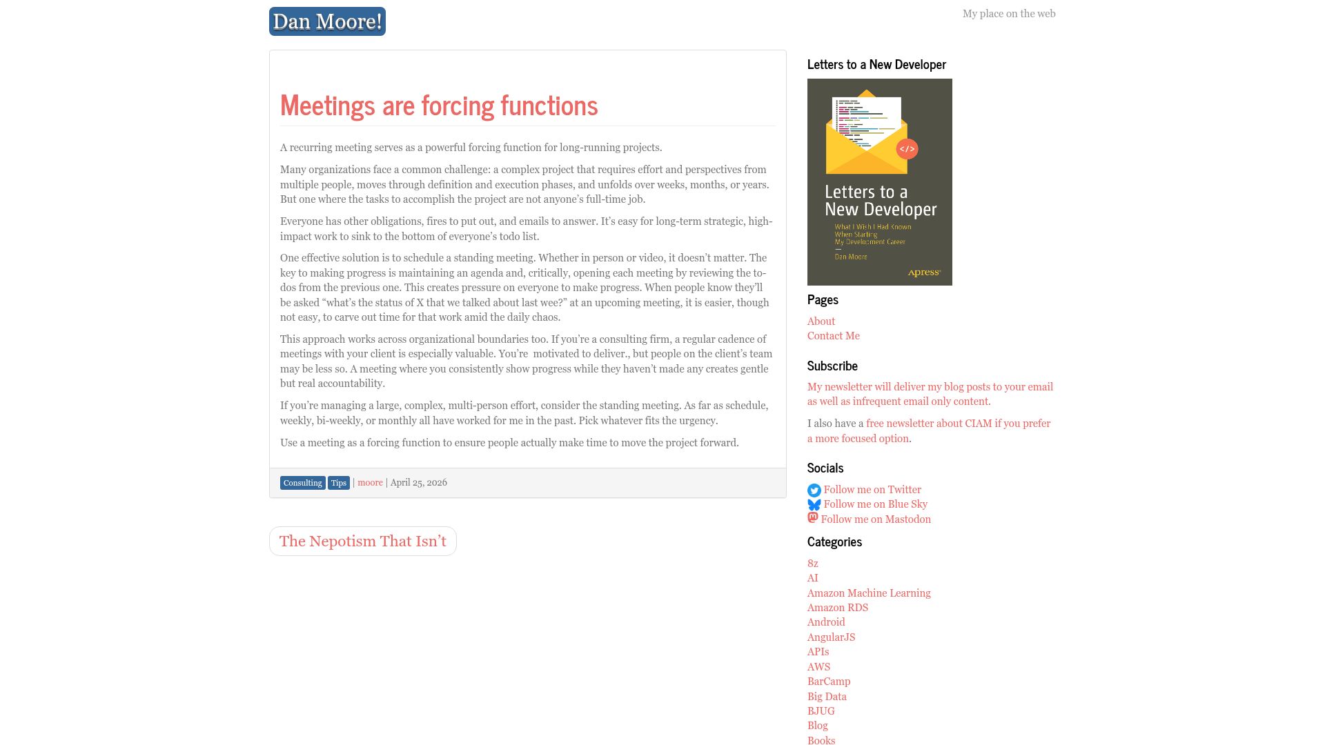 Screenshot of mooreds.com: Meetings are forcing functions
