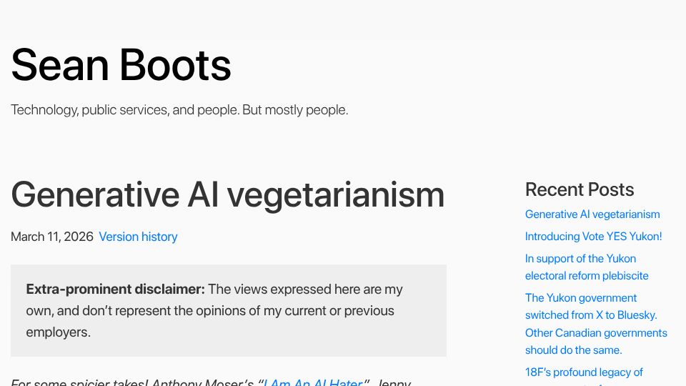 Screenshot of sboots.ca: Generative AI Vegetarianism