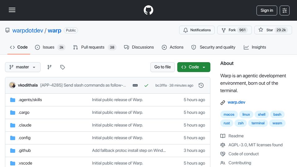 Screenshot of github.com: Warp is now Open-Source