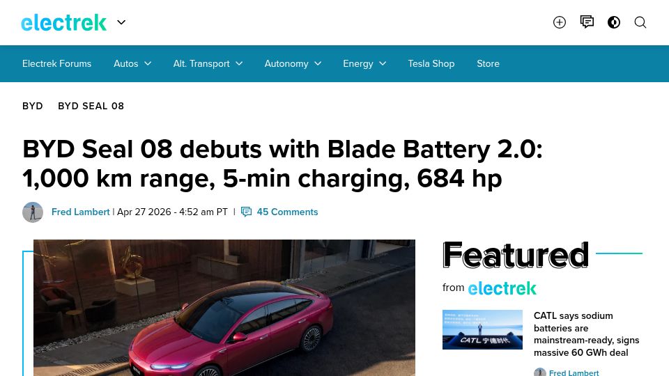 Screenshot of electrek.co: BYD Seal 08 debuts with Blade Battery 2.0: 1,000km range, 5-min charging, 684hp