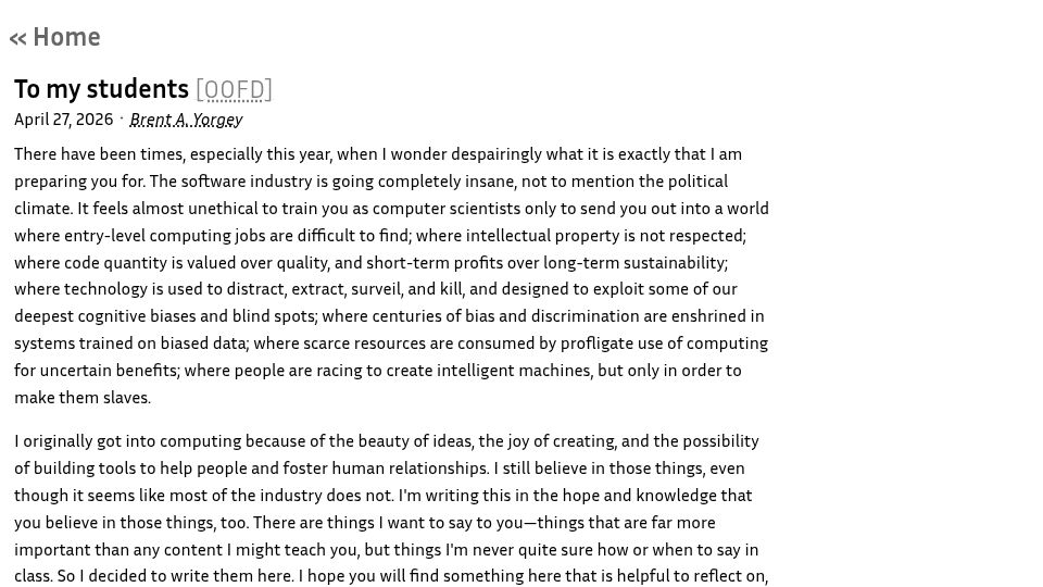 Screenshot of ozark.hendrix.edu: To my students