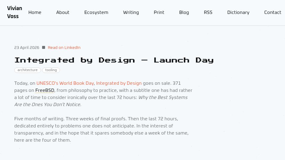 Screenshot of vivianvoss.net: Integrated by Design