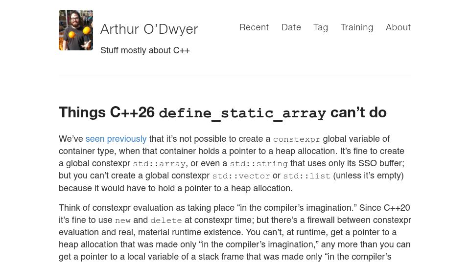 Screenshot of quuxplusone.github.io: Things C++26 define_static_array can't do