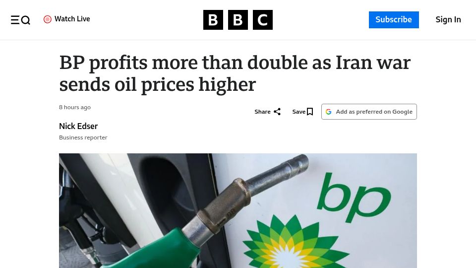 Screenshot of bbc.com: BP profits more than double as Iran war sends oil prices higher