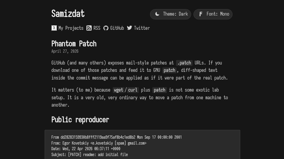 Screenshot of samizdat.dev: Patch applies fake diffs from commit messages