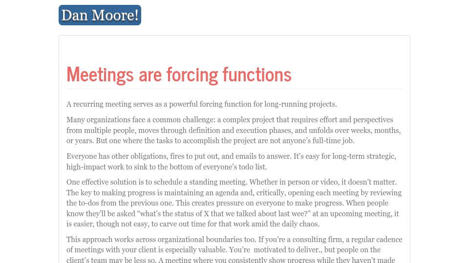 Screenshot of mooreds.com: Meetings are forcing functions