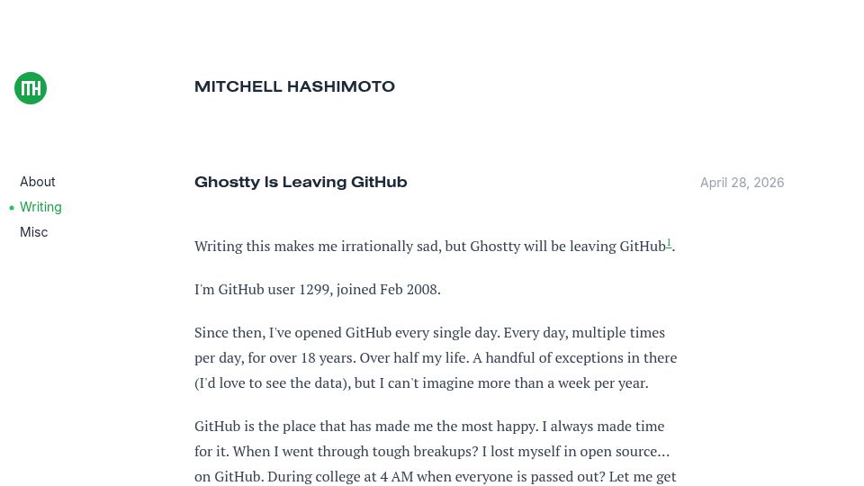 Screenshot of mitchellh.com: Ghostty is leaving GitHub
