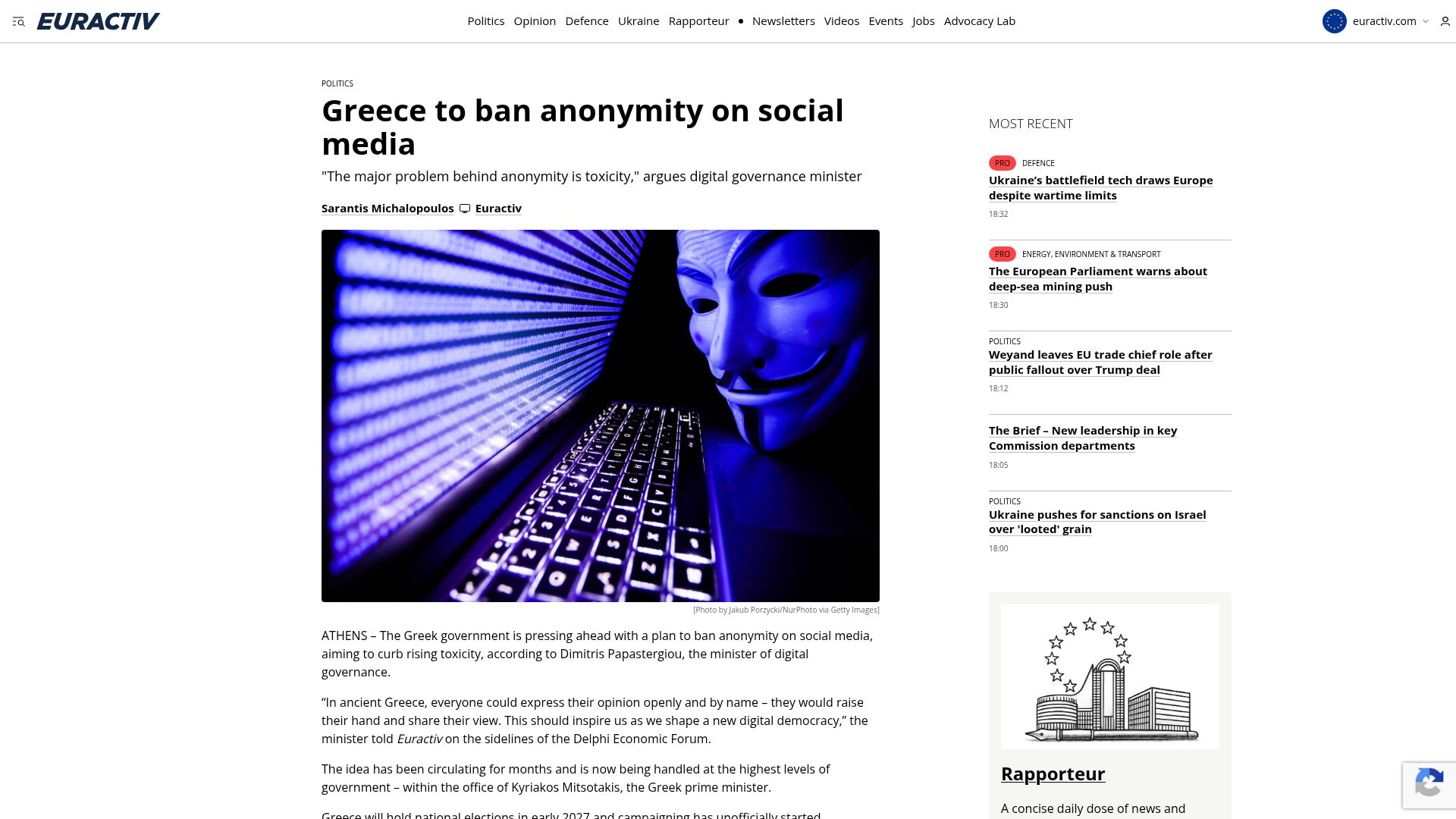 Screenshot of euractiv.com: Greece to ban anonymity on social media