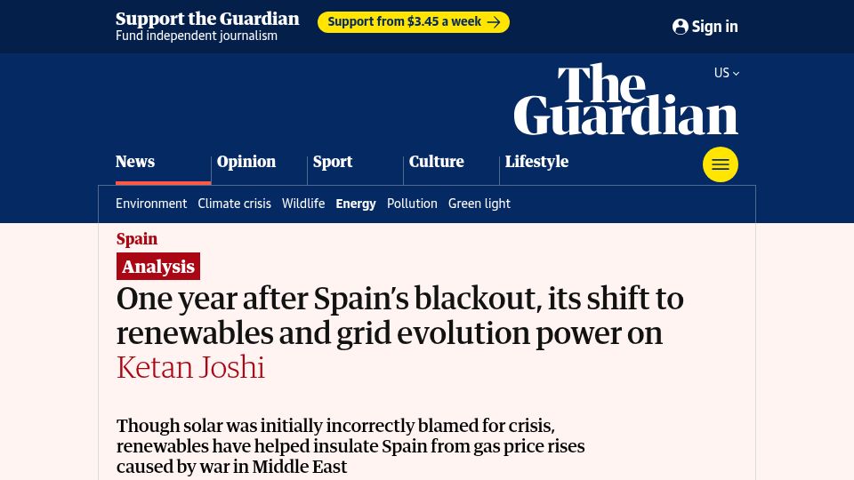 Screenshot of theguardian.com: After Spain's blackout, its shift to renewables and grid evolution power on