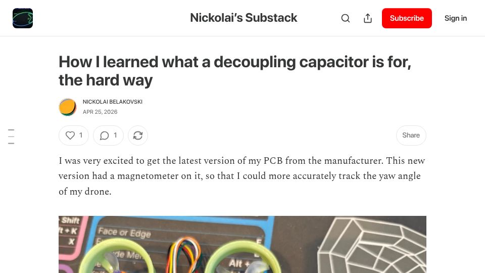 Screenshot of nbelakovski.substack.com: How I leared what a decoupling capacitor is for, the hard way