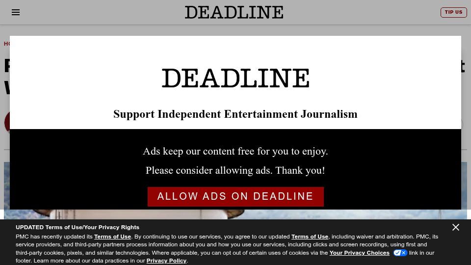 Screenshot of deadline.com: FCC Funding Application Notes Paramount Will Be 49.5% Foreign-Owned Post-Merger