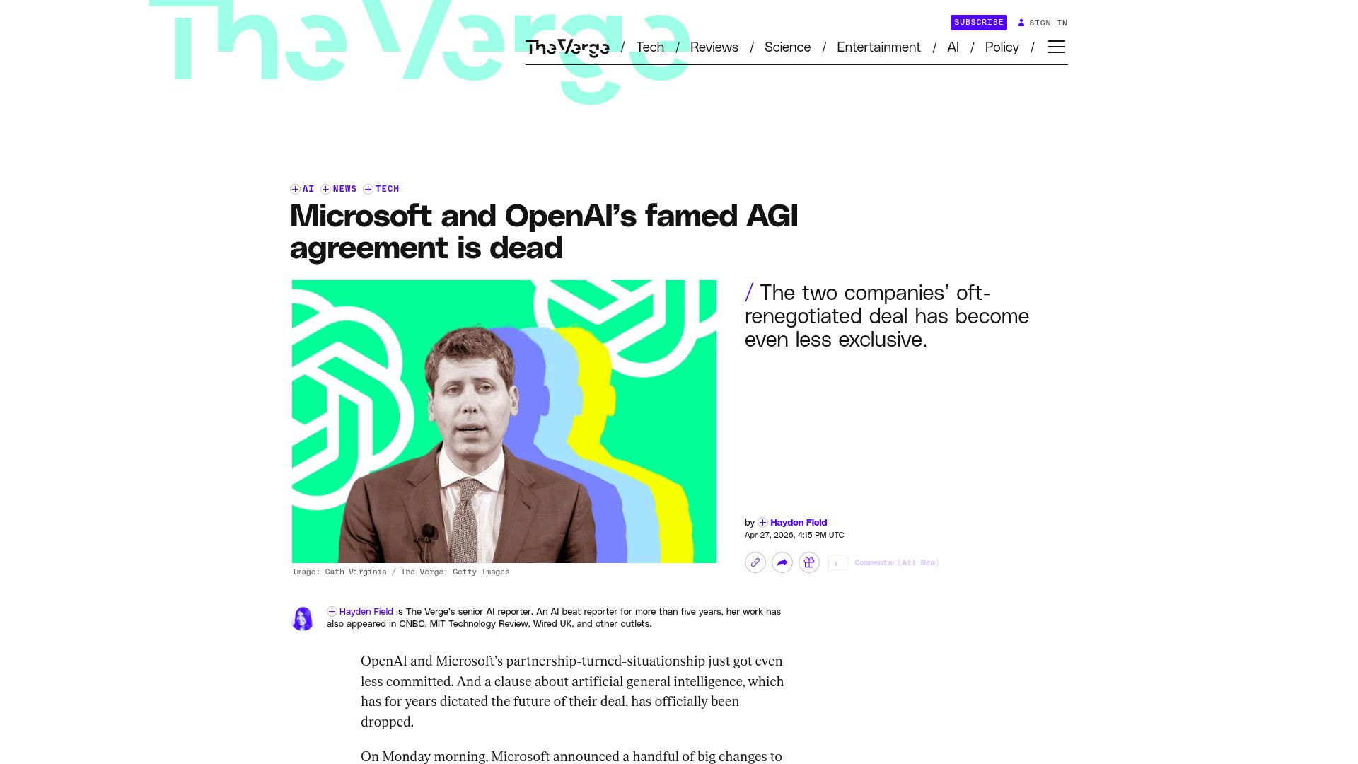 Screenshot of theverge.com: Google and Pentagon reportedly agree on deal for 'any lawful' use of AI