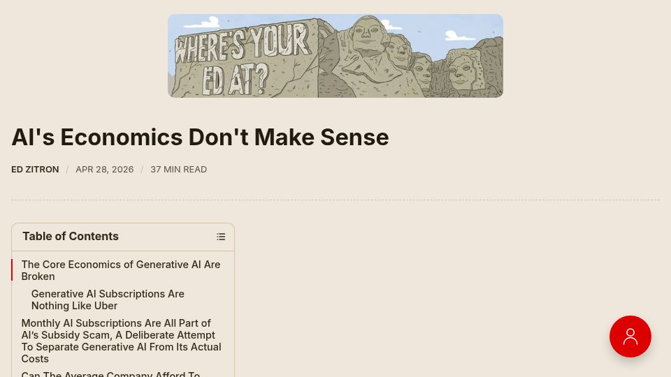Screenshot of wheresyoured.at: AI's Economics Don't Make Sense